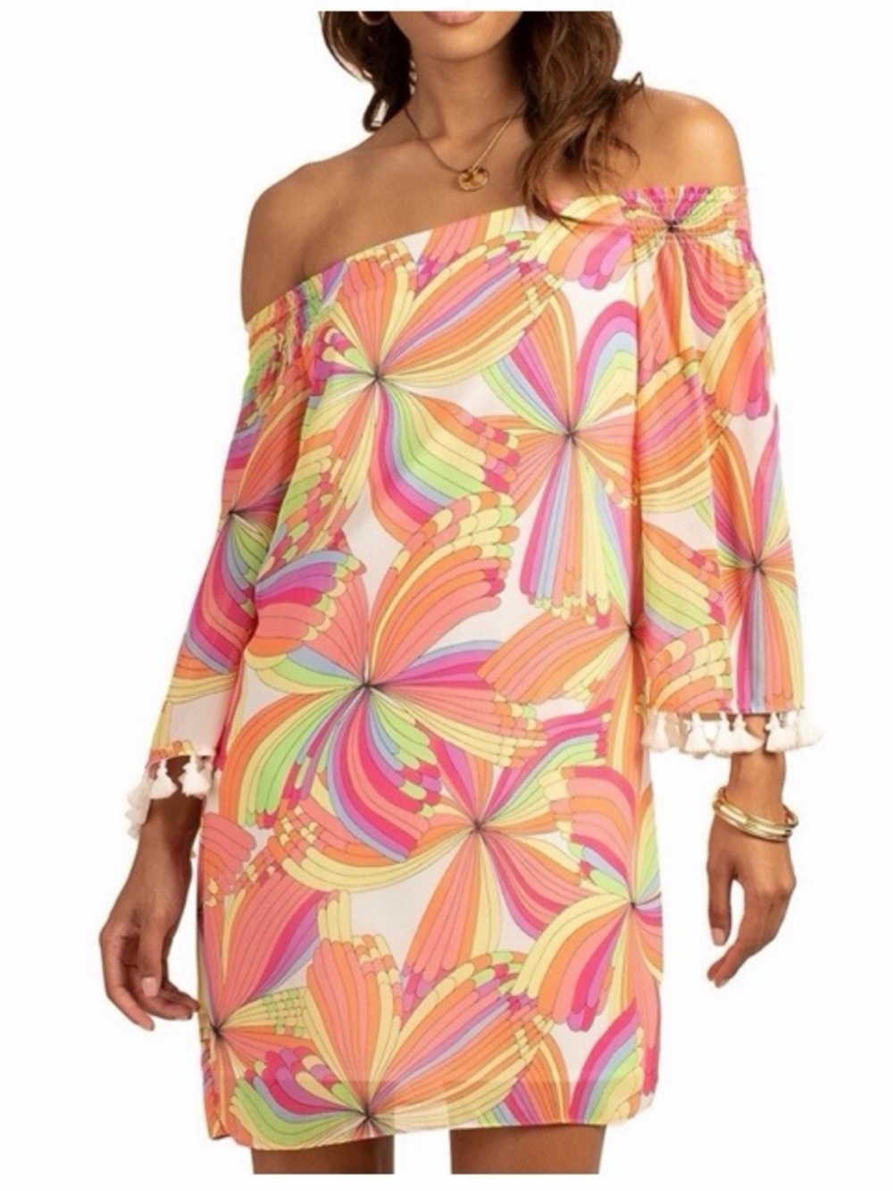Trina Turk Amaris Off The Shoulder Tasseled‎ Shift Dress